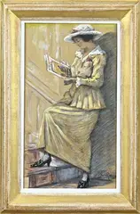 Jacob Rossum, Lezende elegante dame, Gemengde techniek op papier