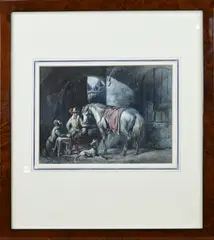 Gijsbertus Craeyvanger, Figuren met paard in stal, Aquarel op papier