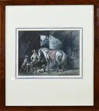 Gijsbertus Craeyvanger, Figuren met paard in stal, Aquarel op papier