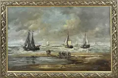 J.W. Bodamer, Strandgezicht met bomschuiten, Olieverf op linnen