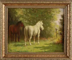 Twee paarden bij hek by Evert Rabbers, Olieverf op linnen, offered Jul 2022