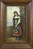 E. Kahrner, Italiaanse vrouw met mandoline, Olieverf op paneel