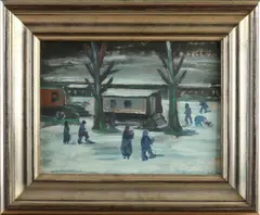 Gérard Grassère, Figuren bij woonwagenkamp, Olieverf op schilderskarton
