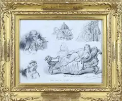 Studie by David Bles, Vijf potlood tekeningen in bladgouden lijst, offered Jul 2022
