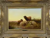 K. Walter, Romantisch landschap met schapen bij avondlicht, 1900, Olieverf op paneel
