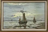 A.J. Berry, Katwijkse bomschuiten met vissersvolk, Olieverf op linnen