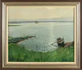 Leo Kurpershoek, Plasgezicht met zeilboot, Olieverf op board