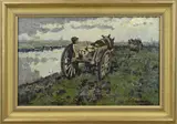 Chris Wesseling, Paardenkarren met boer langs rivier, Olieverf op linnen