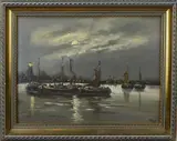 Hollands havengezicht met platbodems by Onduid. gesig., Olieverf op paneel, offered Jul 2022