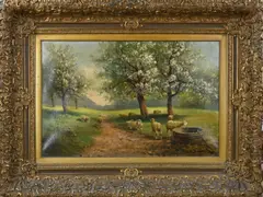 M. Hendriks, Landschap met herderin en bloesembomen, Olieverf op linnen