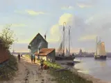 J. Eijk, Hollands havengezicht met figuren, Olieverf op paneel
