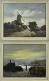 Pendant van B. van Dipten, Molen + haven gezicht, Olieverf op linnen