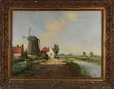 W. Mouis, Poldergezicht met molens, Olieverf op linnen