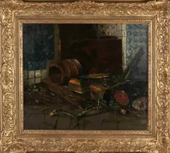 J.H. Coster, Stilleven, Stilleven met brandhout, koper en schilderij
