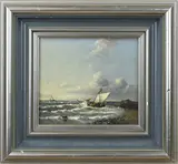 H.J. Baas, Platbodem op zee, Olieverf op paneel