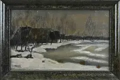 P.H. Haezer, Besneeuwd landschap met knotwilgen, Olieverf op linnen