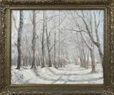 K.T. de Vries, Winterse boslaan met dorp, 1928, Olieverf op linnen