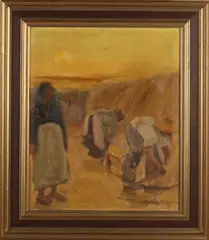 Hubert Malfait, Korenoogst met drie figuren, Olieverf op linnen