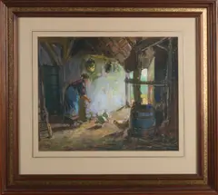 Ben Viegers, Boerin in stal, Pastel op papier