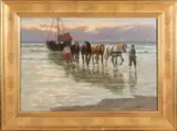 Anton Karssen, Binnen halen van een platbodem met paardenspan, Olieverf op linnen