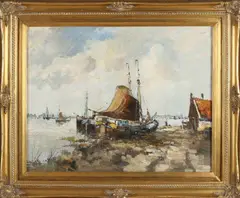 H. Noordam, Plasgezicht met platbodems, Olieverf op linnen
