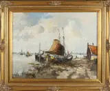 H. Noordam, Plasgezicht met platbodems, Olieverf op linnen