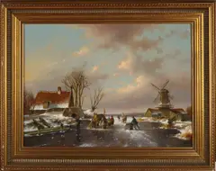 Fred Arends, Hollands romantisch wintergezicht met ijspret, Olieverf op paneel