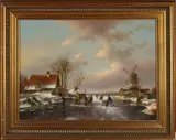 Fred Arends, Hollands romantisch wintergezicht met ijspret, Olieverf op paneel