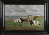 Koeien langs een rivier by Emile Damme-Sylva, Olieverf op linnen, offered Apr 2022