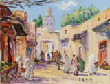 B. Retaux, Dorpsstraat Marrakesh, Olieverf op paneel