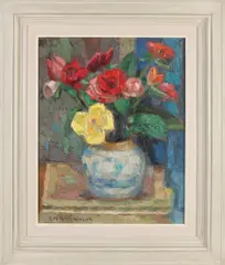 A.M. Braakensiek, Gemberpot met bloemen., Olieverf op linnen