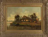 W. van Dalsum, Landschap met boerderij en punter, Olieverf op linnen