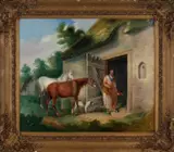 John Frederick Herring, Sr., Schuur met paarden, hond en figuur, Olieverf op linnen