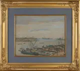 Bart Peizel, Havengezicht Rotterdam met schepen, Gouache op papier
