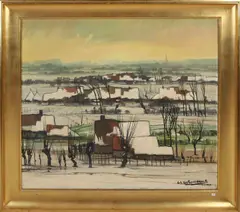 Achille Van Sassenbrouck, Besneeuwd landschap met boerderijen, Olieverf op linnen