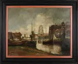 M. Martens, Hollands havengezicht (Dordrecht), Olieverf op linnen