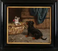 Puppy speelt met kitten by Heinrich Sperling, Olieverf op schilderskarton, offered Apr 2022
