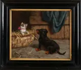 Heinrich Sperling, Puppy speelt met kitten, Olieverf op schilderskarton