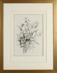 E. van der Ven, Bloem stilleven, 1910, Sepia op papier