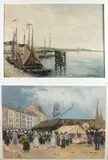 Twee werken van Peter te Marvelde, Dorpsfeest/Havengezicht, Olieverf op paneel