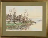 J.C. v.d. Heijden, Poldergezicht met boerderij en boer, Aquarel op papier
