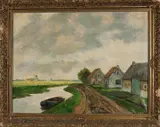 Jacobus Doeser, Poldergezicht met boerenhuizen en windmolen, Olieverf op linnen