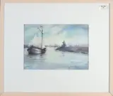 Groningen Riny Bus, Platbodem bij havenmonding, Aquarel op papier