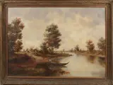 Gerhard Messmer, Duits riviergezicht met boot en figuur, Olieverf op linnen