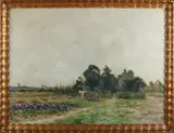 Berend Brouwer, Boerderij met boer, paardenwagen en rodekool veld, Olieverf op linnen