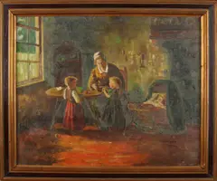 Ernest Laurent, Boeren interieur, Olieverf op linnen