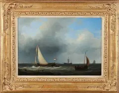 Abraham Hulk, Hollands zeegezicht met vissersboten en vissers, Olieverf op paneel