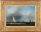 Abraham Hulk, Hollands zeegezicht met vissersboten en vissers, Olieverf op paneel