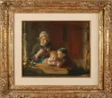 Bernard Blommers, Boeren familie in interieur, Olieverf op linnen