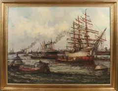 Wim Bos, Rotterdams havengezicht, Olieverf op linnen